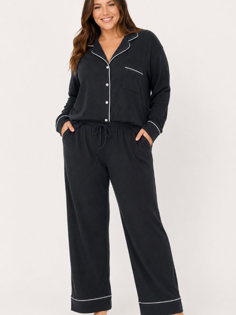 State of Day Ribbed Pajama Set Contrast Piping Black 3X